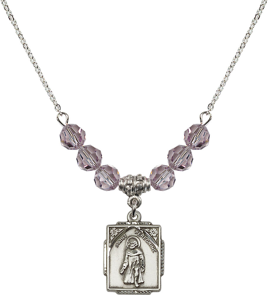 Sterling Silver Saint Peregrine Birthstone Necklace with Light Amethyst Beads - 0804