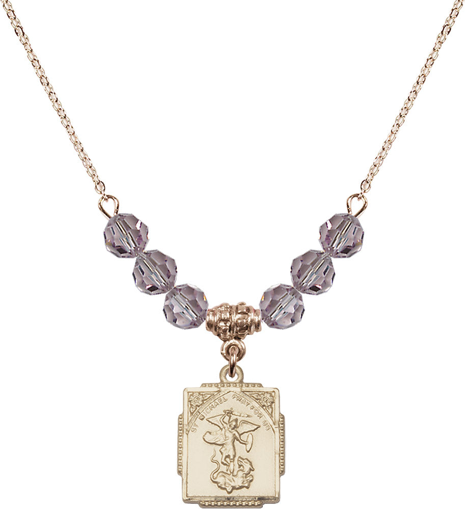 14kt Gold Filled Saint Michael the Archangel Birthstone Necklace with Light Amethyst Beads - 0804