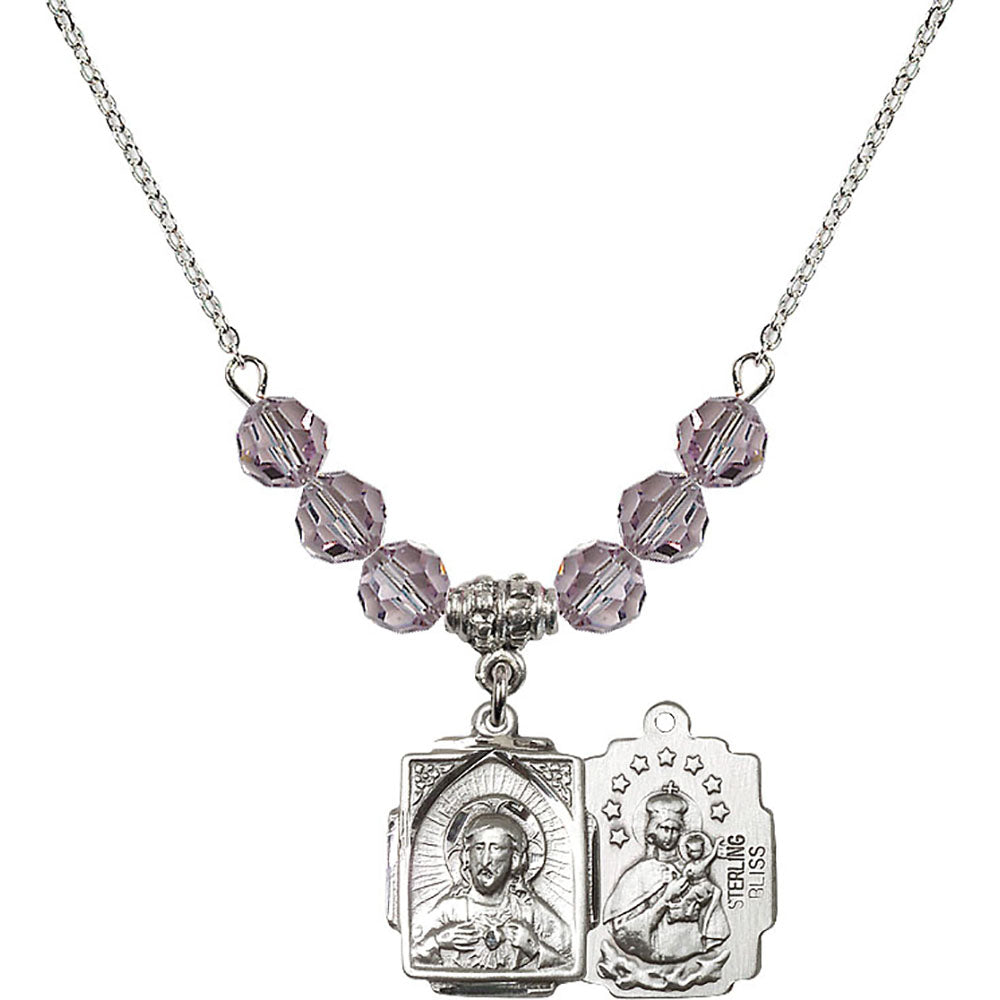 Sterling Silver Scapular Birthstone Necklace with Light Amethyst Beads - 0804