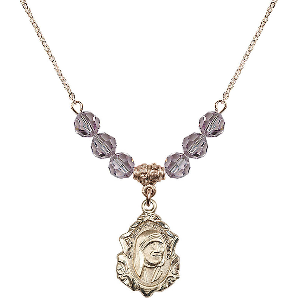 14kt Gold Filled Saint Teresa of Calcutta Birthstone Necklace with Light Amethyst Beads - 0812