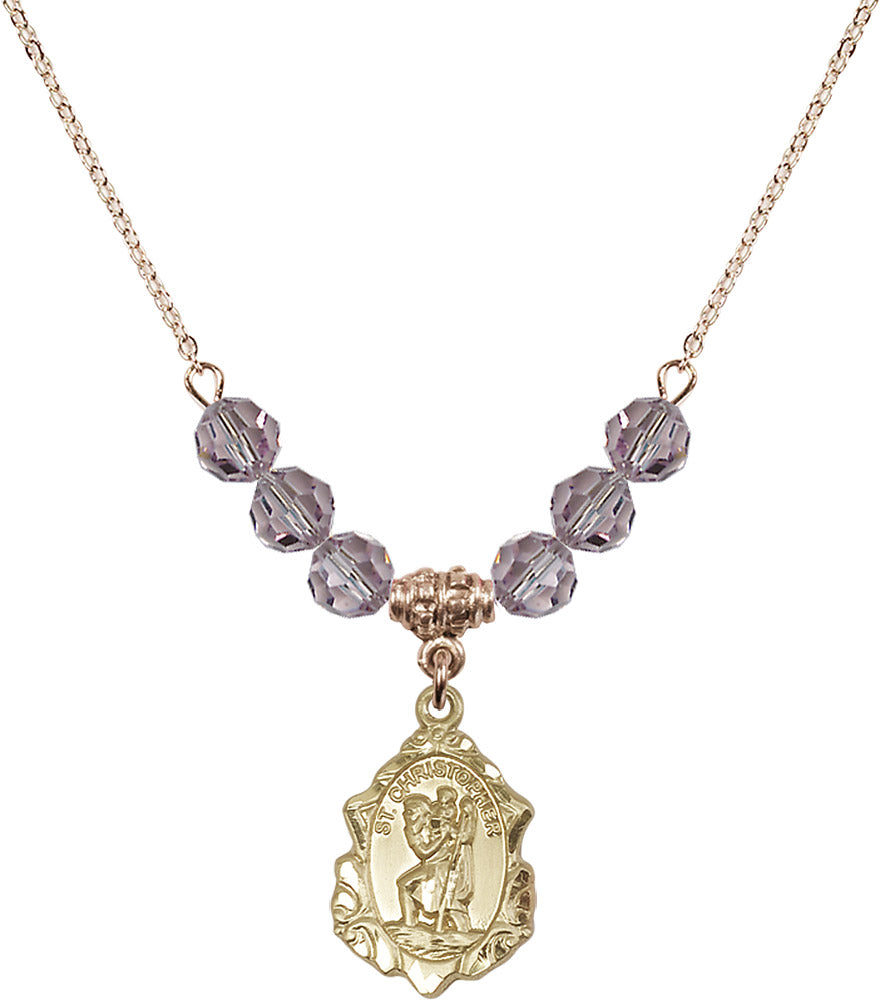 14kt Gold Filled Saint Christopher Birthstone Necklace with Light Amethyst Beads - 0822