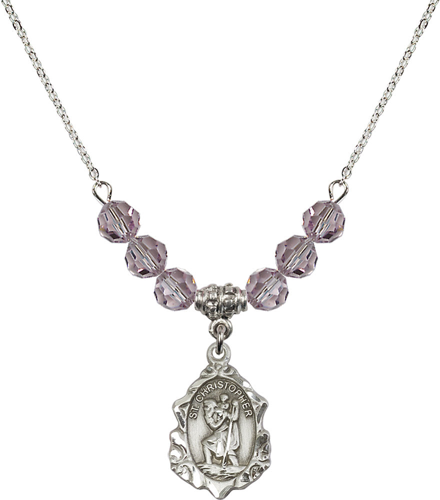 Sterling Silver Saint Christopher Birthstone Necklace with Light Amethyst Beads - 0822