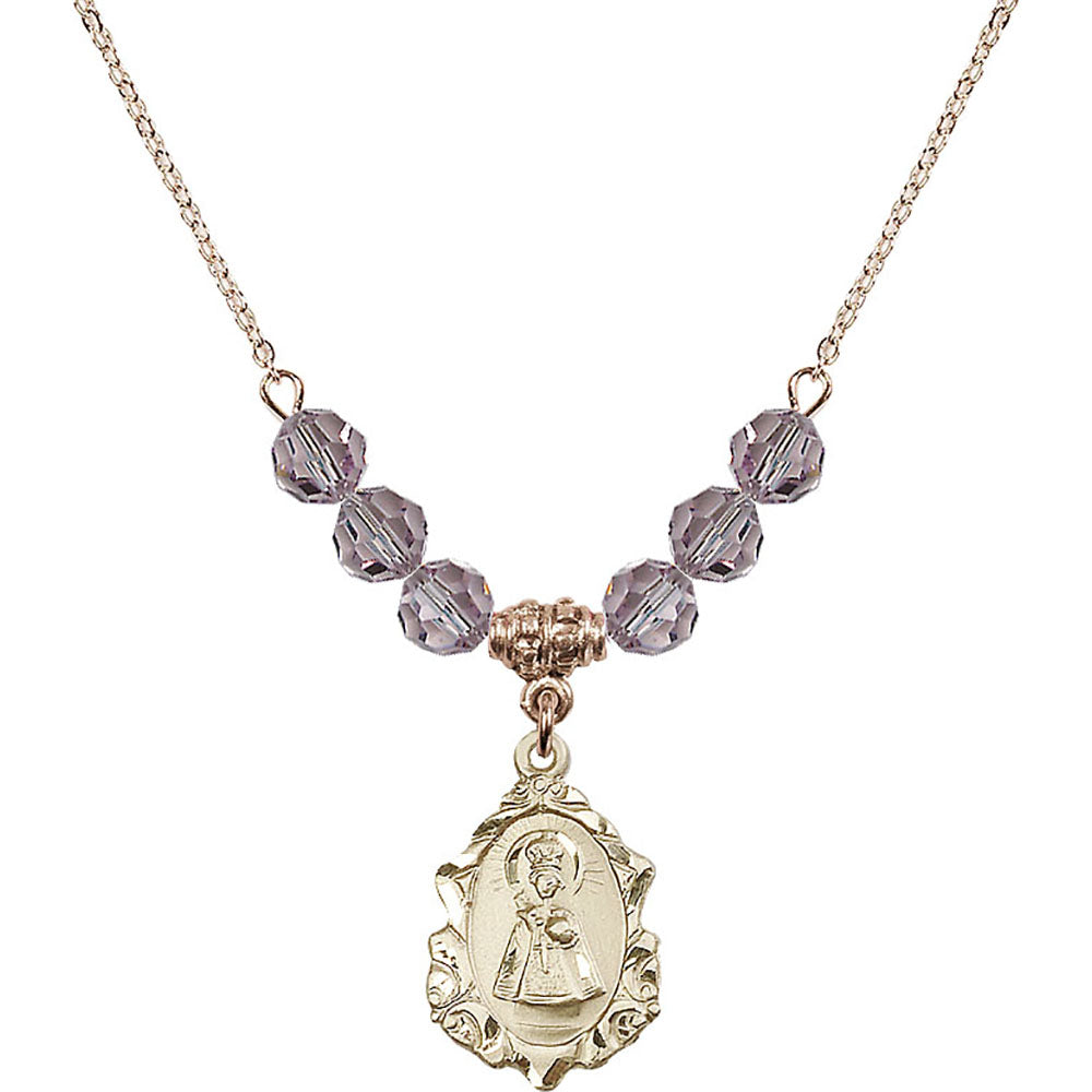 14kt Gold Filled Infant of Prague Birthstone Necklace with Light Amethyst Beads - 0822