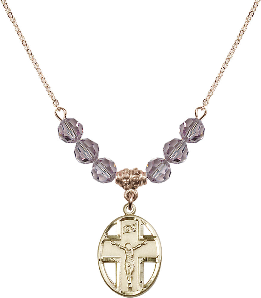 14kt Gold Filled Crucifix Birthstone Necklace with Light Amethyst Beads - 0878