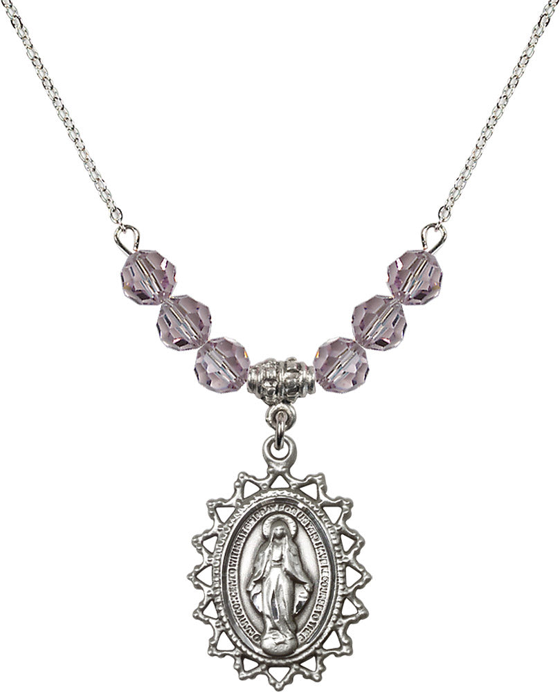 Sterling Silver Miraculous Birthstone Necklace with Light Amethyst Beads - 1619