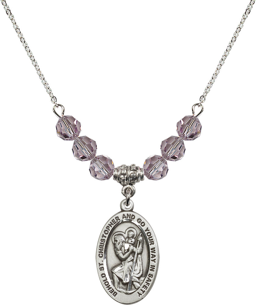 Sterling Silver Saint Christopher Birthstone Necklace with Light Amethyst Beads - 4123