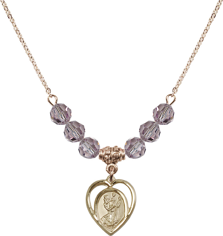 14kt Gold Filled Saint Christopher Birthstone Necklace with Light Amethyst Beads - 4127
