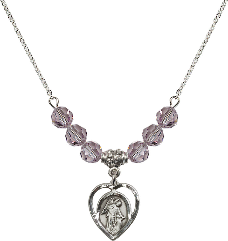 Sterling Silver Guardian Angel Birthstone Necklace with Light Amethyst Beads - 4129