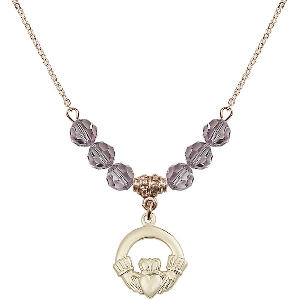 14kt Gold Filled Claddagh Birthstone Necklace with Light Amethyst Beads - 4138