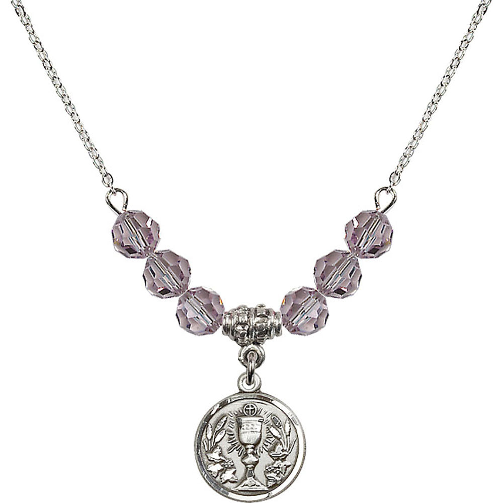 Sterling Silver Communion Chalice Birthstone Necklace with Light Amethyst Beads - 4203