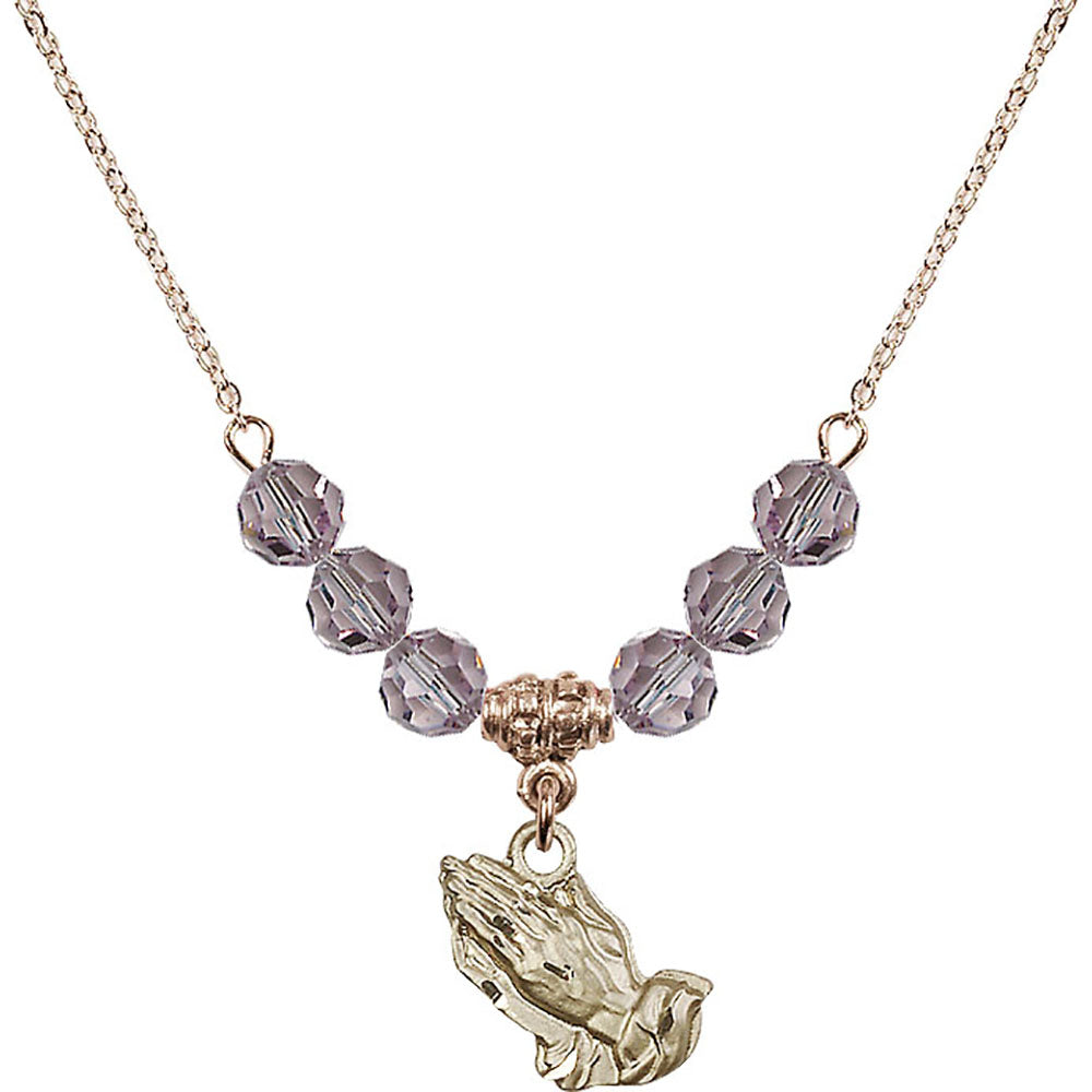 14kt Gold Filled Praying Hands Birthstone Necklace with Light Amethyst Beads - 4219