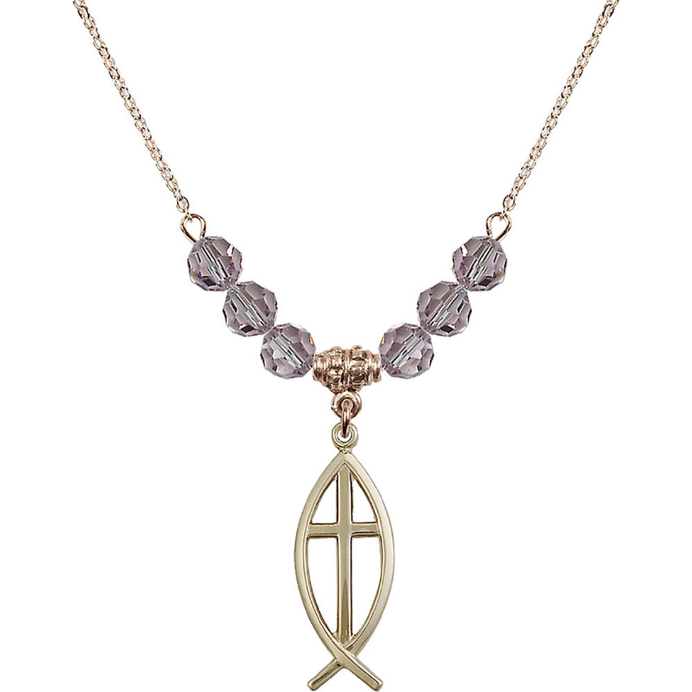 14kt Gold Filled Fish / Cross Birthstone Necklace with Light Amethyst Beads - 4252
