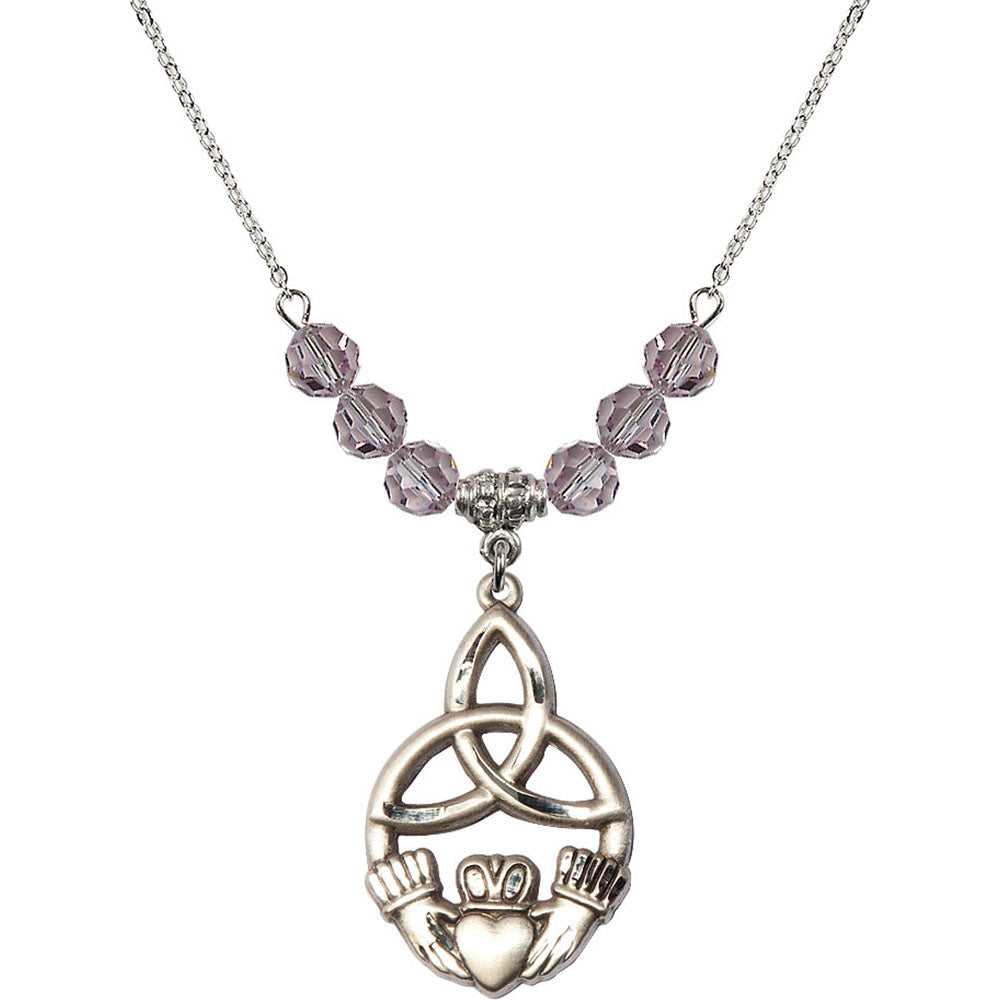Sterling Silver Irish Knot / Claddagh Birthstone Necklace with Light Amethyst Beads - 5102