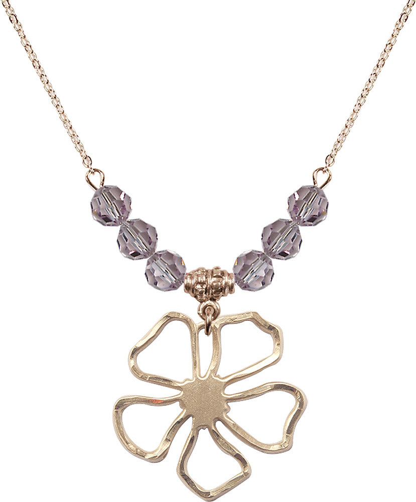 14kt Gold Filled Five Pedal Flower Birthstone Necklace with Light Amethyst Beads - 5109