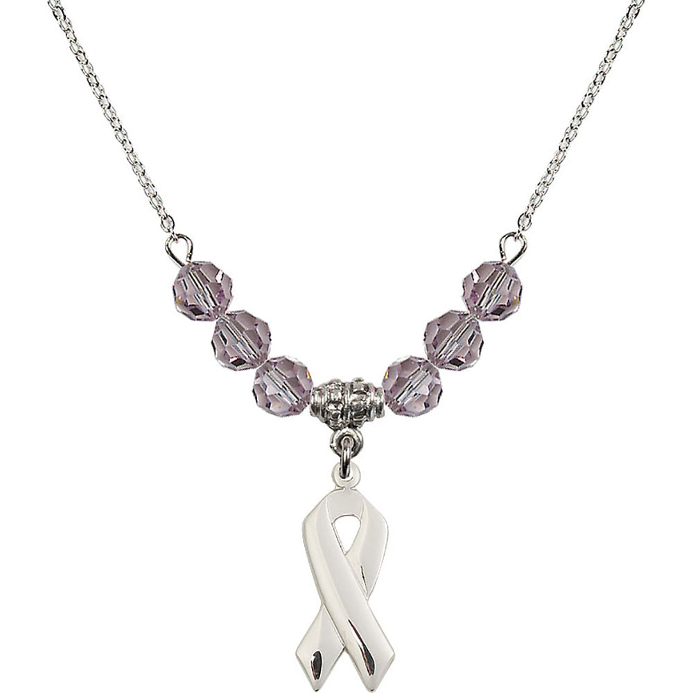 Sterling Silver Cancer Awareness Birthstone Necklace with Light Amethyst Beads - 5150