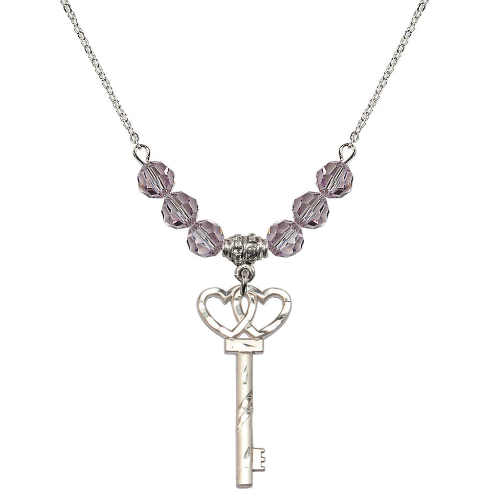 Sterling Silver Small Key w/Double Hearts Birthstone Necklace with Light Amethyst Beads - 6213