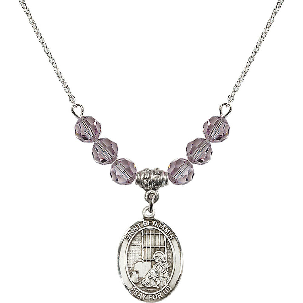 Sterling Silver Saint Benjamin Birthstone Necklace with Light Amethyst Beads - 8013