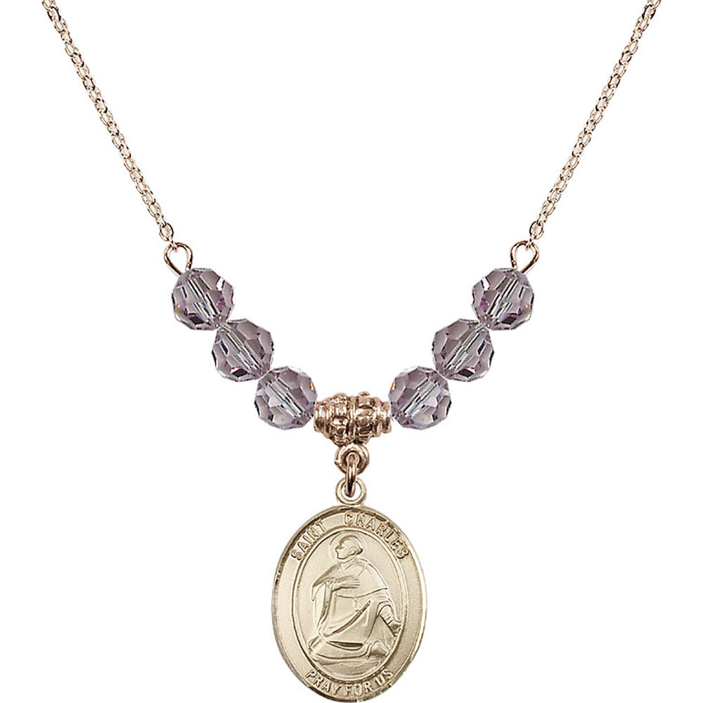 14kt Gold Filled Saint Charles Borromeo Birthstone Necklace with Light Amethyst Beads - 8020