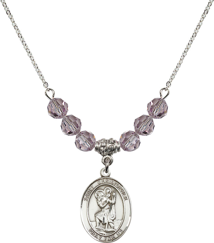 Sterling Silver Saint Christopher Birthstone Necklace with Light Amethyst Beads - 8022