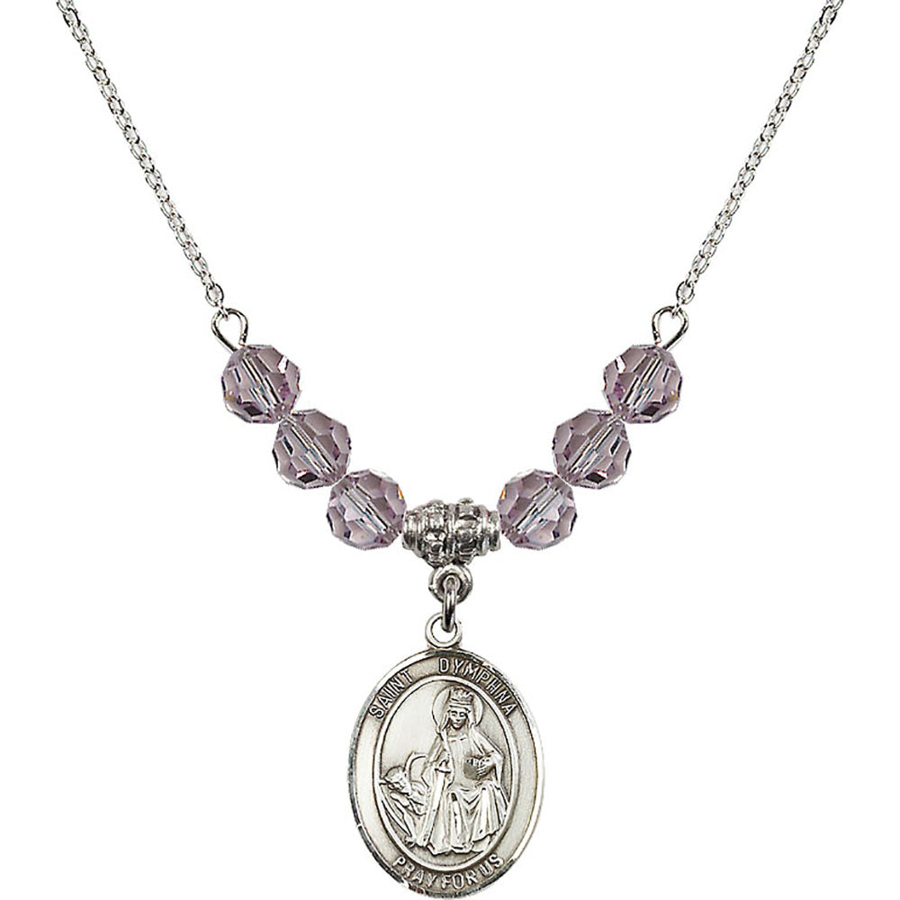 Sterling Silver Saint Dymphna Birthstone Necklace with Light Amethyst Beads - 8032