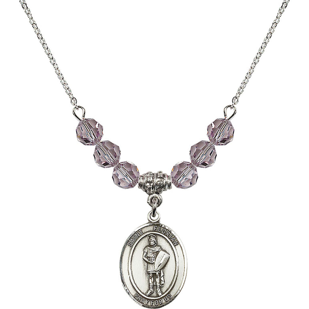 Sterling Silver Saint Florian Birthstone Necklace with Light Amethyst Beads - 8034