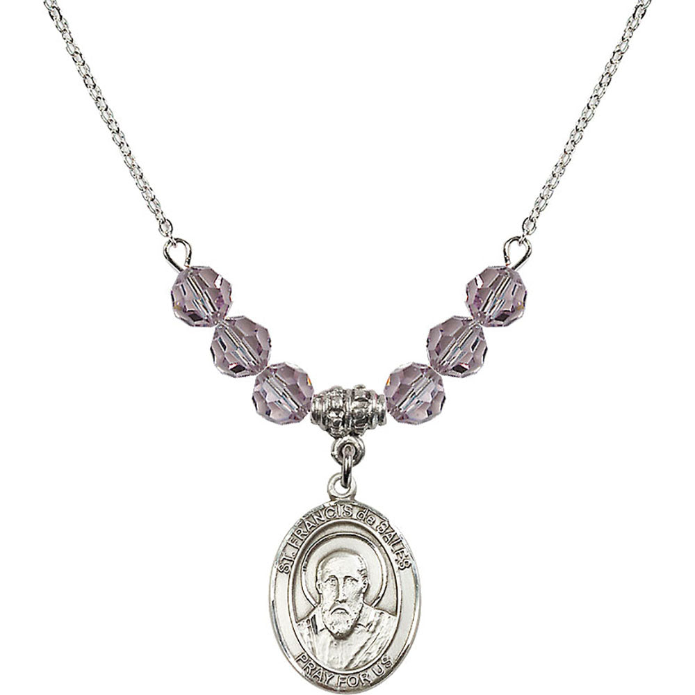 Sterling Silver Saint Francis de Sales Birthstone Necklace with Light Amethyst Beads - 8035