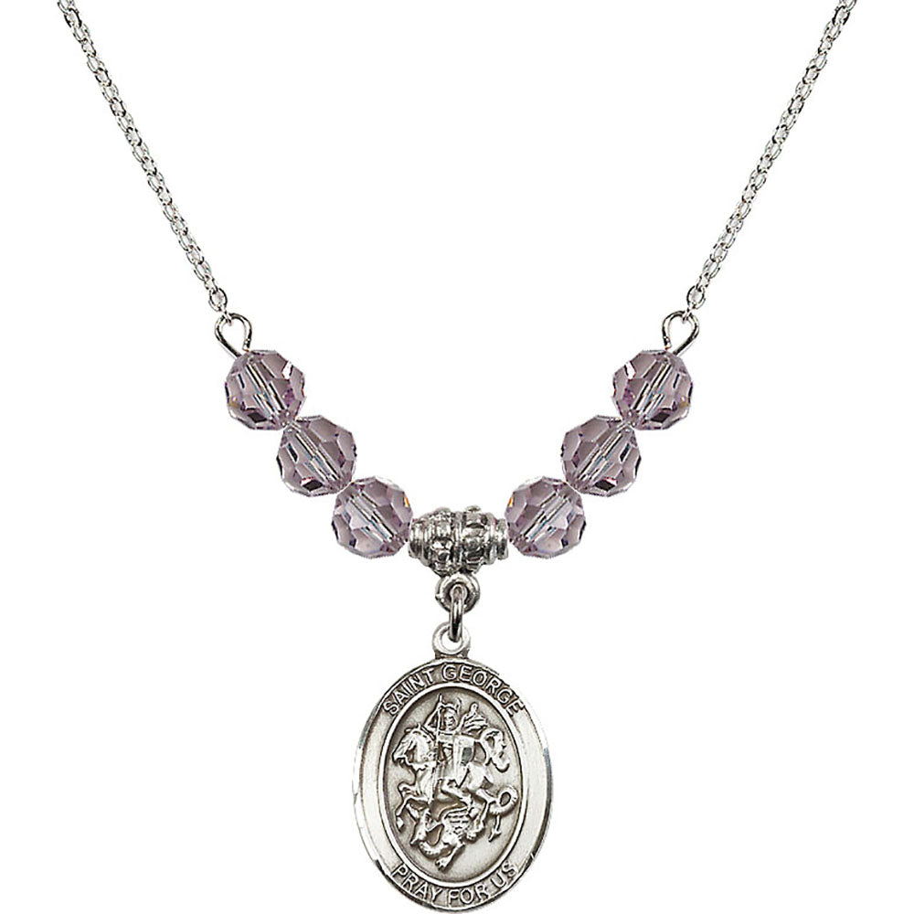 Sterling Silver Saint George Birthstone Necklace with Light Amethyst Beads - 8040