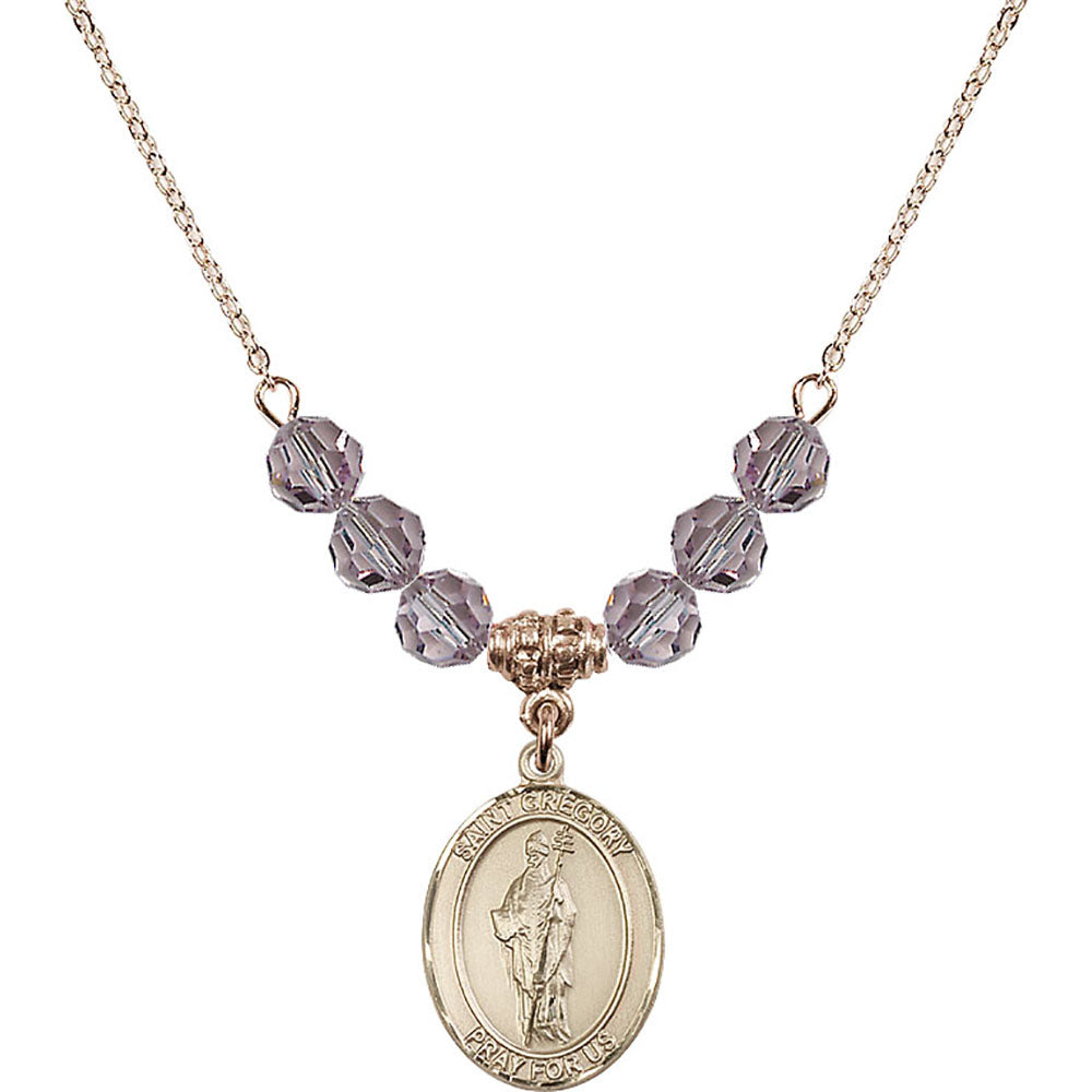14kt Gold Filled Saint Gregory the Great Birthstone Necklace with Light Amethyst Beads - 8048