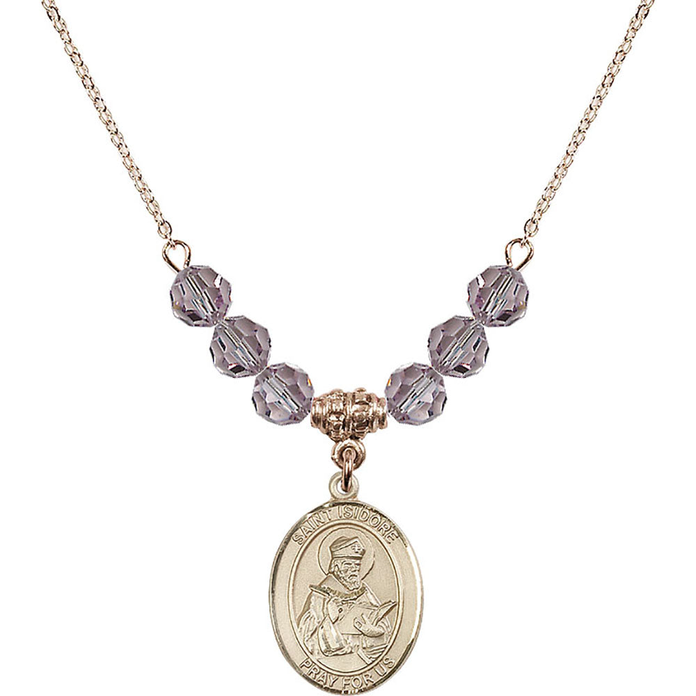 14kt Gold Filled Saint Isidore of Seville Birthstone Necklace with Light Amethyst Beads - 8049