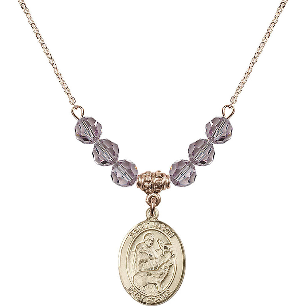 14kt Gold Filled Saint Jason Birthstone Necklace with Light Amethyst Beads - 8051
