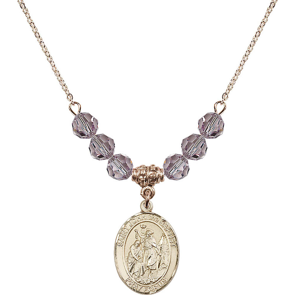 14kt Gold Filled Saint John the Baptist Birthstone Necklace with Light Amethyst Beads - 8054
