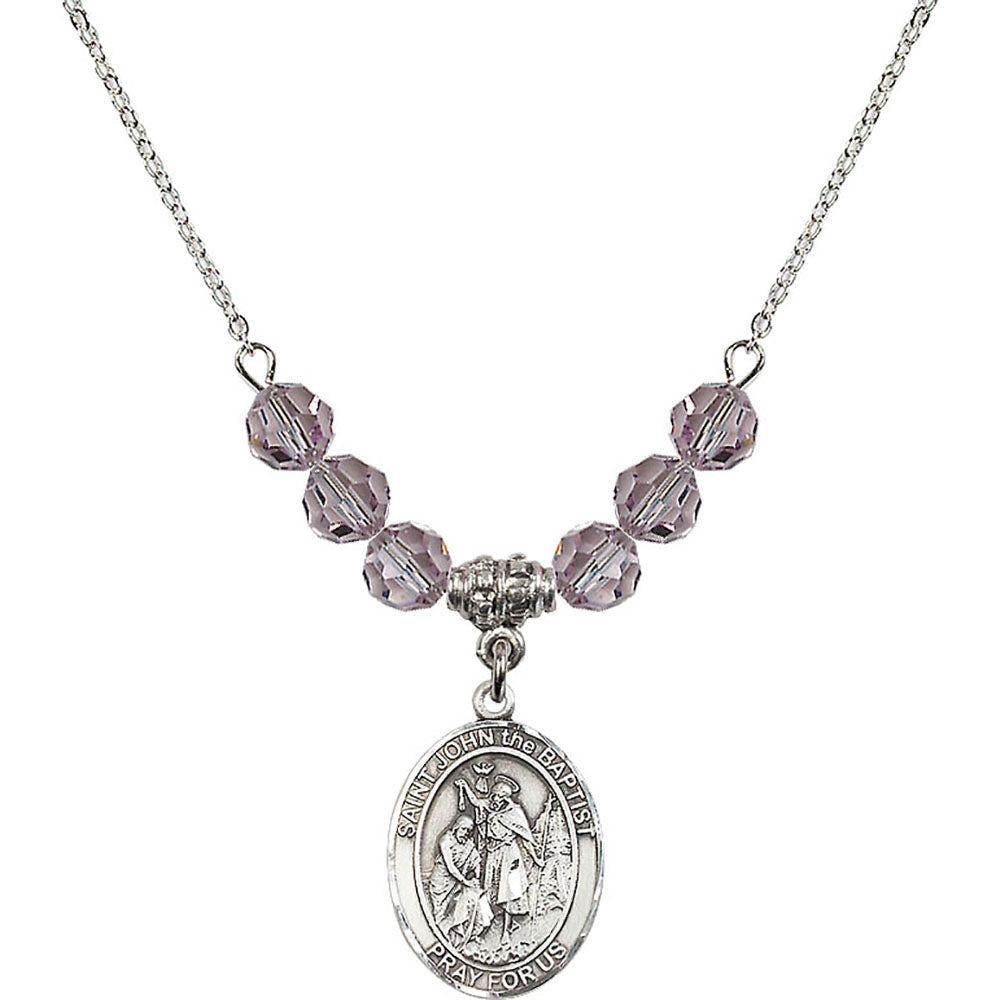 Sterling Silver Saint John the Baptist Birthstone Necklace with Light Amethyst Beads - 8054