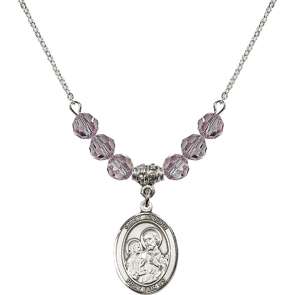 Sterling Silver Saint Joseph Birthstone Necklace with Light Amethyst Beads - 8058