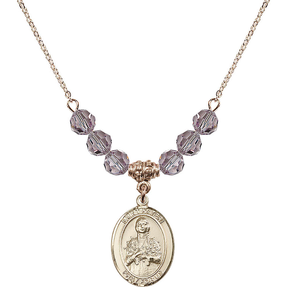 14kt Gold Filled Saint Kateri Tekakwitha Birthstone Necklace with Light Amethyst Beads - 8061