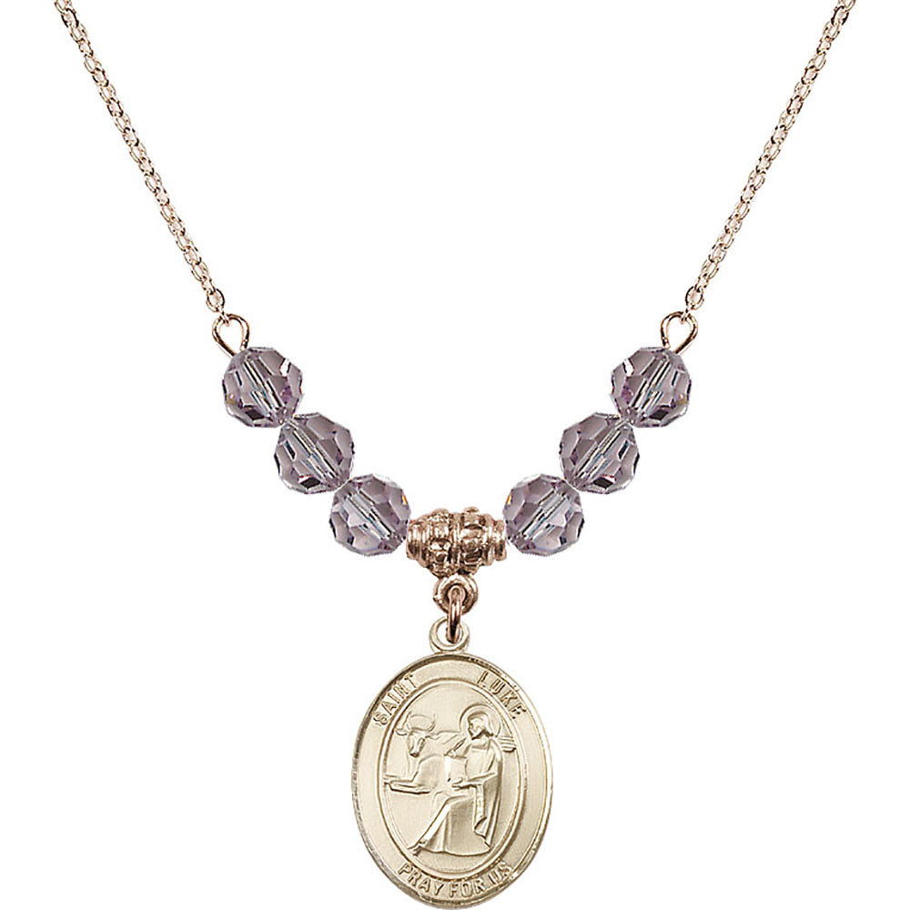 14kt Gold Filled Saint Luke the Apostle Birthstone Necklace with Light Amethyst Beads - 8068