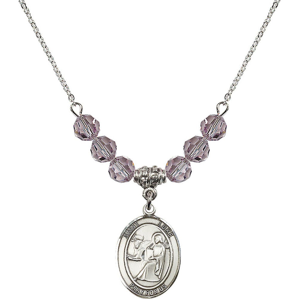 Sterling Silver Saint Luke the Apostle Birthstone Necklace with Light Amethyst Beads - 8068
