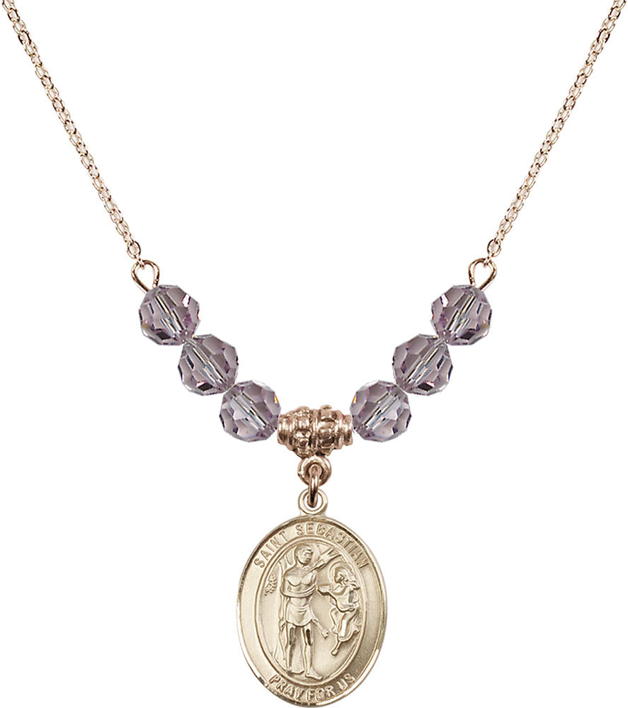 14kt Gold Filled Saint Sebastian Birthstone Necklace with Light Amethyst Beads - 8100