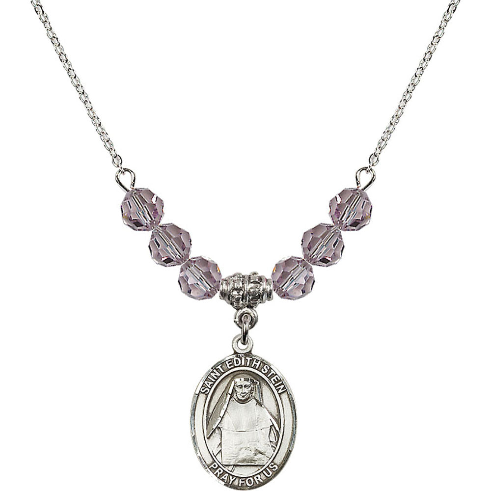 Sterling Silver Saint Edith Stein Birthstone Necklace with Light Amethyst Beads - 8103