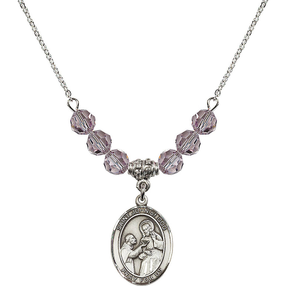 Sterling Silver Saint John of God Birthstone Necklace with Light Amethyst Beads - 8112