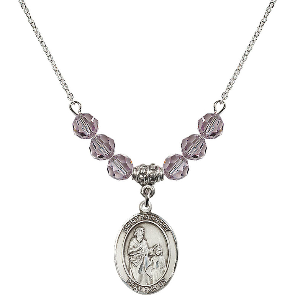 Sterling Silver Saint Zachary Birthstone Necklace with Light Amethyst Beads - 8116