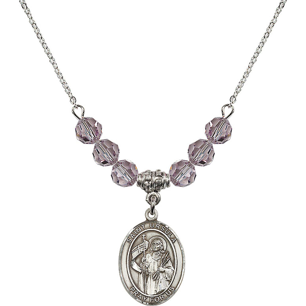 Sterling Silver Saint Ursula Birthstone Necklace with Light Amethyst Beads - 8127