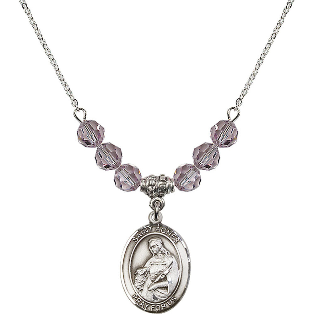 Sterling Silver Saint Agnes of Rome Birthstone Necklace with Light Amethyst Beads - 8128