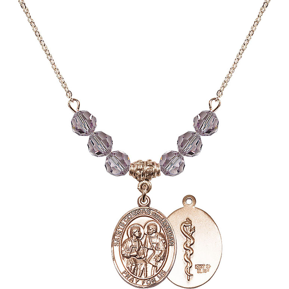 14kt Gold Filled Saints Cosmas & Damian / Doctors Birthstone Necklace with Light Amethyst Beads - 8132