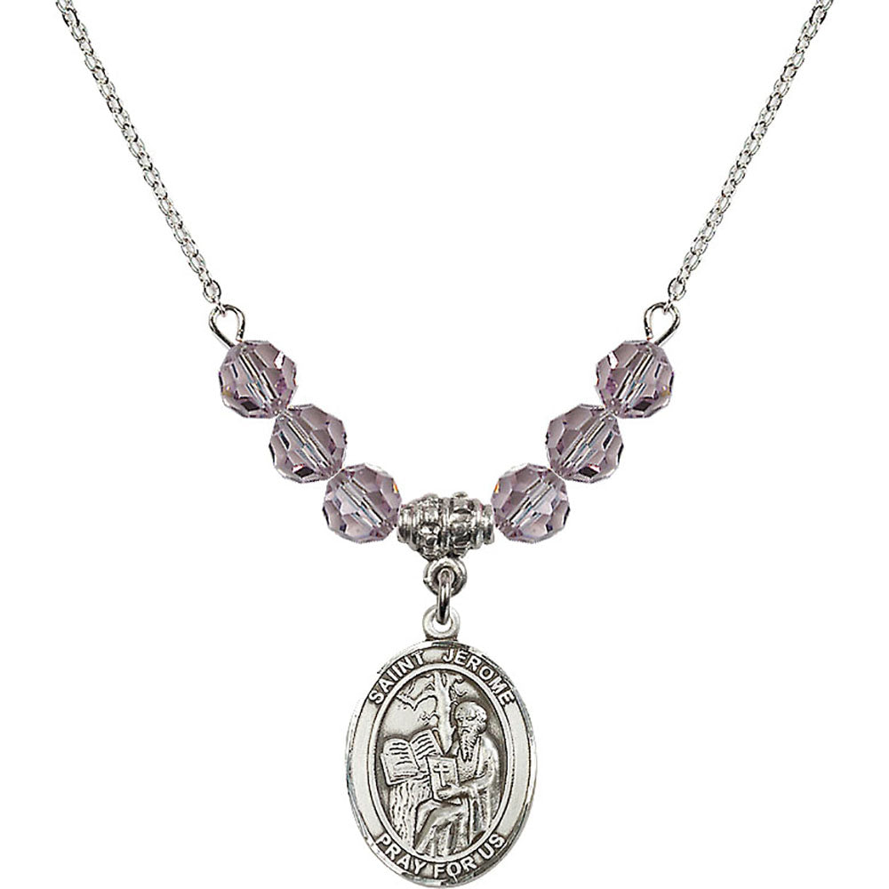 Sterling Silver Saint Jerome Birthstone Necklace with Light Amethyst Beads - 8135