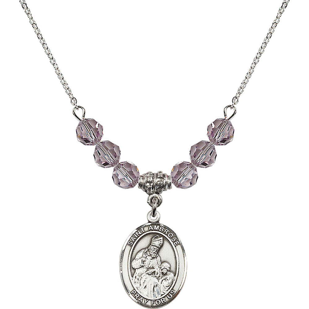 Sterling Silver Saint Ambrose Birthstone Necklace with Light Amethyst Beads - 8137