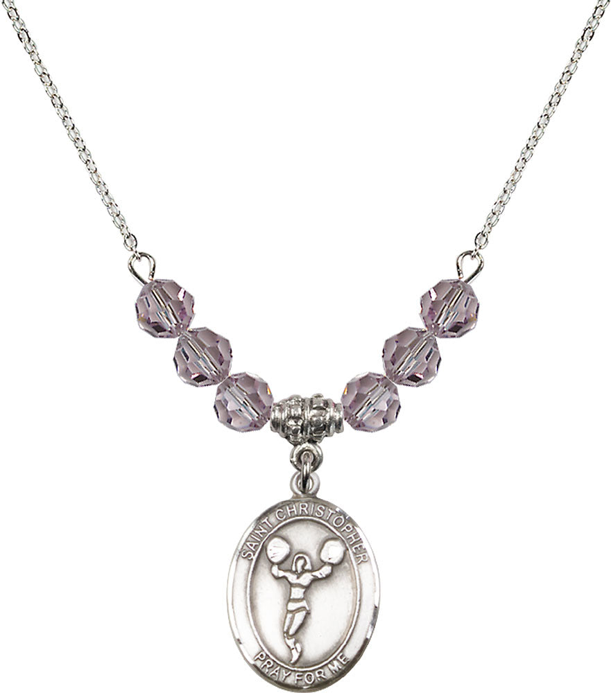 Sterling Silver Saint Christopher/Cheerleading Birthstone Necklace with Light Amethyst Beads - 8140