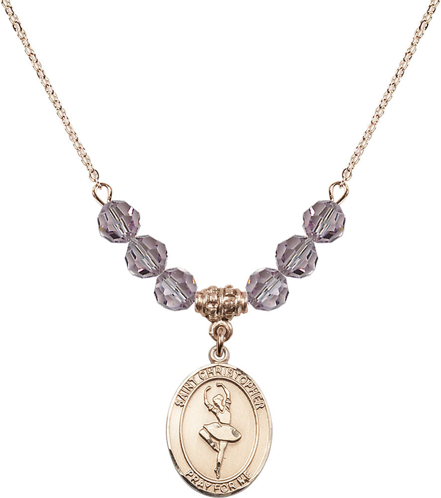 14kt Gold Filled Saint Christopher/Dance Birthstone Necklace with Light Amethyst Beads - 8143