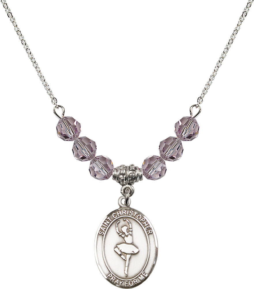 Sterling Silver Saint Christopher/Dance Birthstone Necklace with Light Amethyst Beads - 8143