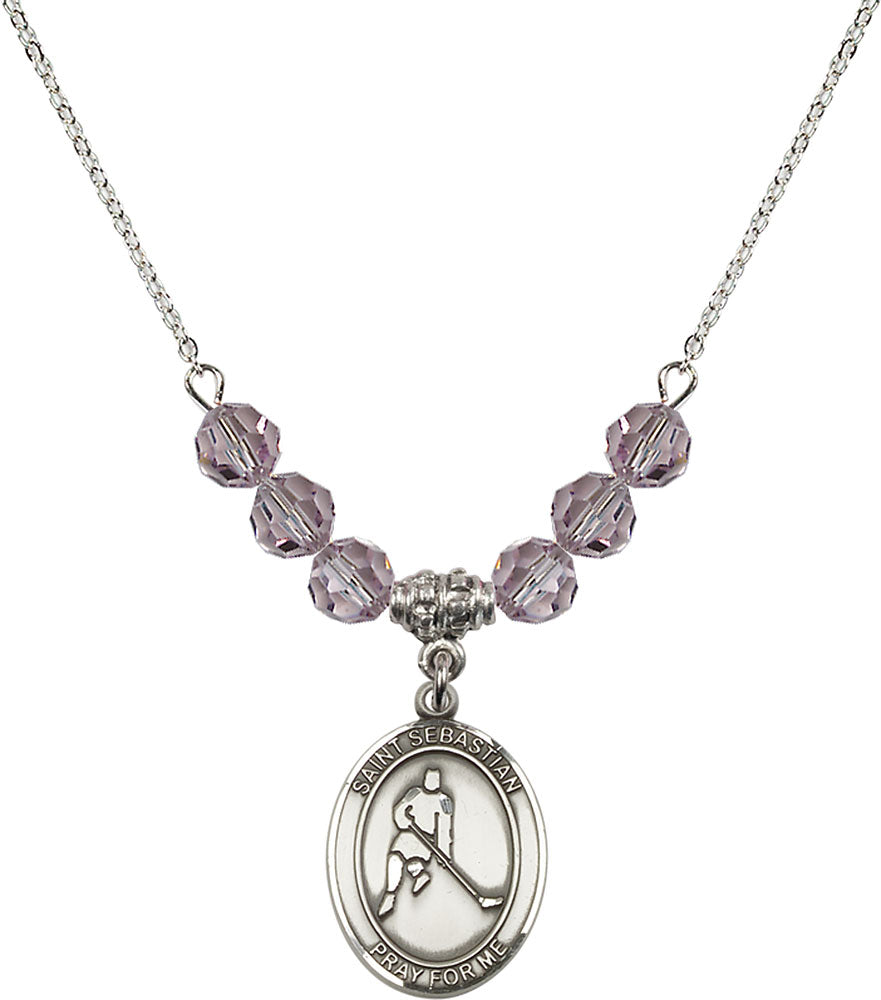 Sterling Silver Saint Sebastian/Ice Hockey Birthstone Necklace with Light Amethyst Beads - 8165