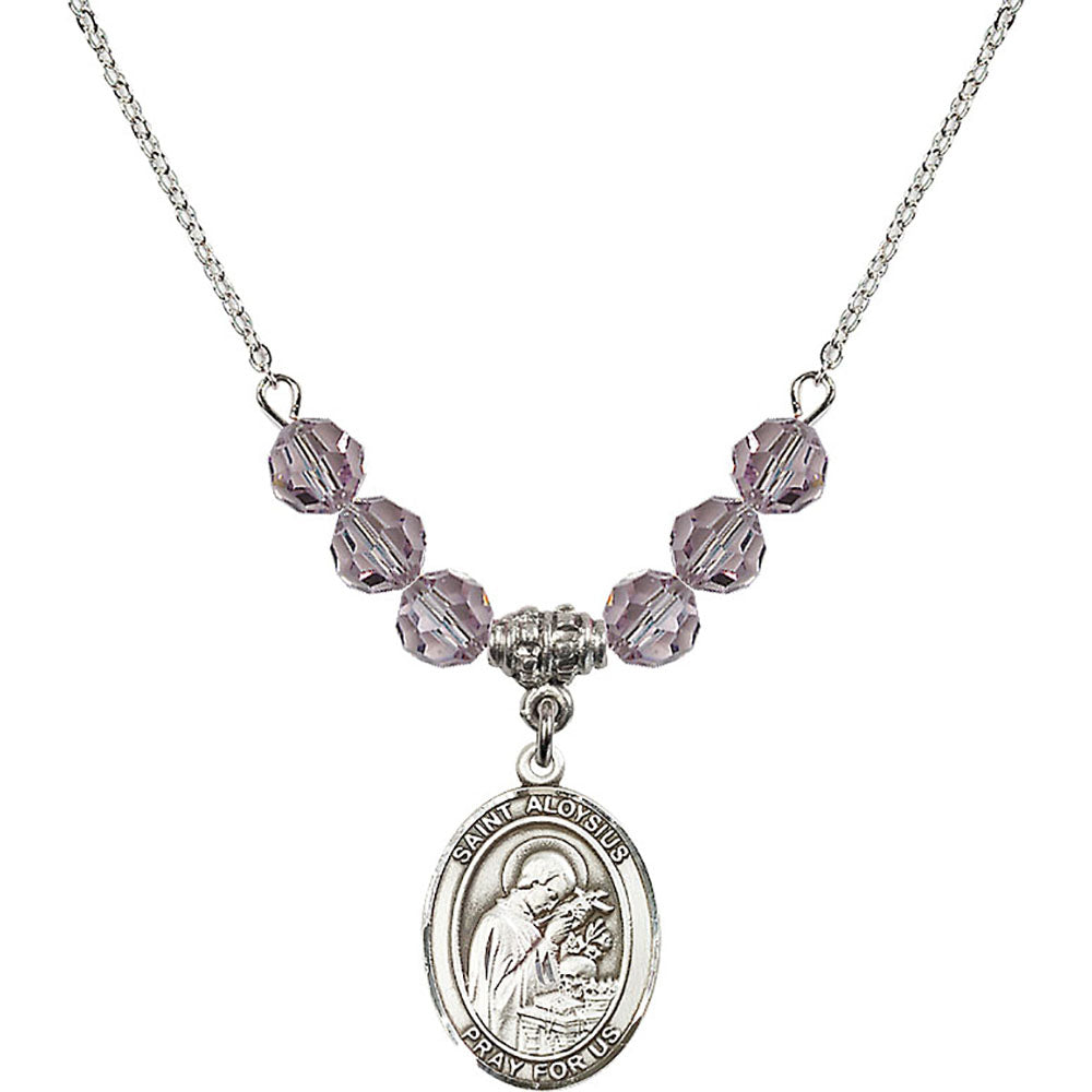 Sterling Silver Saint Aloysius Gonzaga Birthstone Necklace with Light Amethyst Beads - 8225